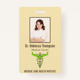 Alternative Medical Caduceus Green Leaves Beige ID Badge