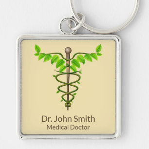Alternative Medical Caduceus Green Leaves Beige Keychain