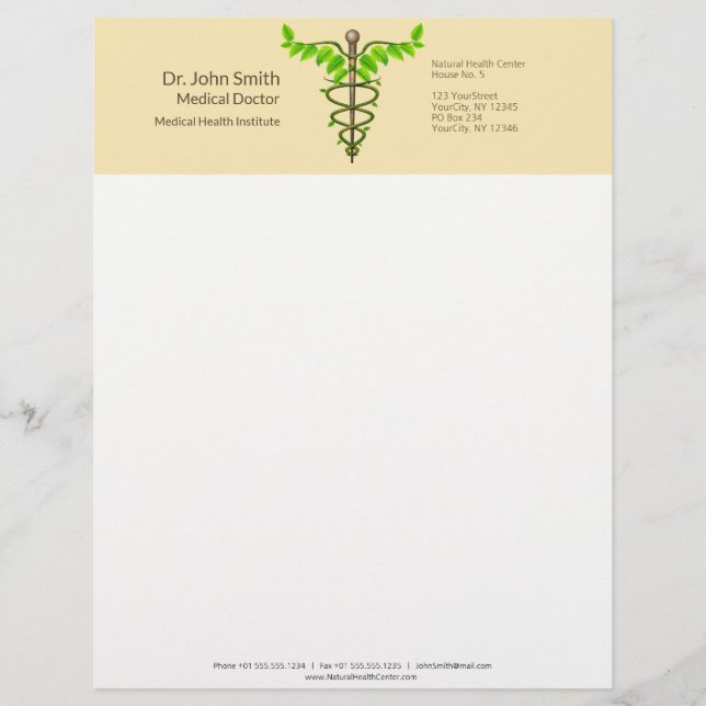 Alternative Medical Caduceus Green Leaves Beige Letterhead (Front)