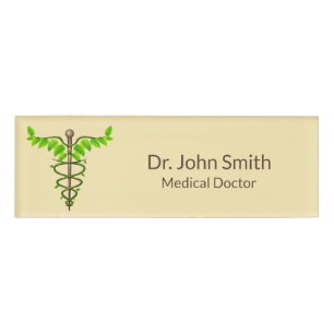 Alternative Medical Caduceus Green Leaves Beige Name Tag