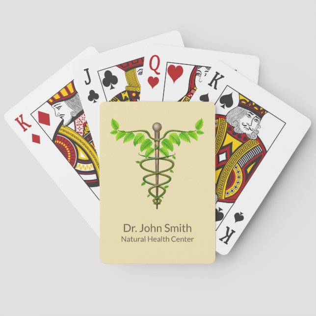 Alternative Medical Caduceus Green Leaves Beige Poker Cards (Back)