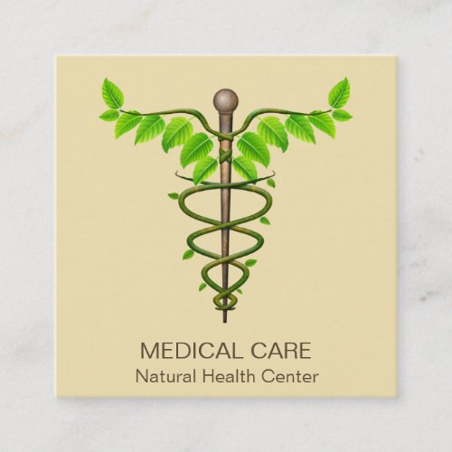 Alternative Medical Caduceus Green Leaves Beige Square Business Card