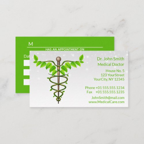 Alternative Medical Caduceus Green Leaves White Appointment Card