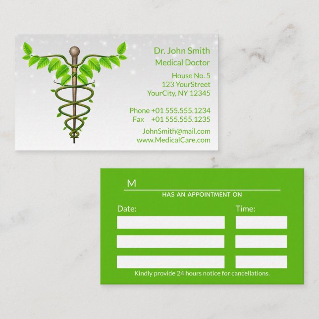 Alternative Medical Caduceus Green Leaves White Appointment Card (Front/Back)