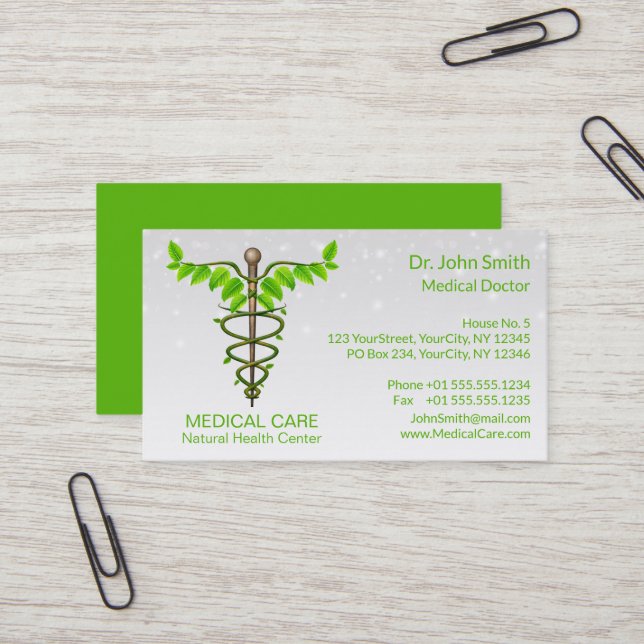Alternative Medical Caduceus Green Leaves White Business Card (Front/Back In Situ)