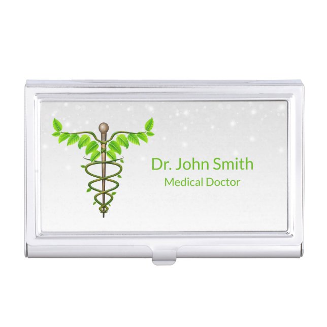 Alternative Medical Caduceus Green Leaves White Business Card Case (Front)