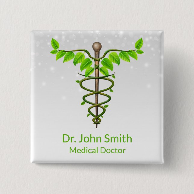 Alternative Medical Caduceus Green Leaves White Button (Front)