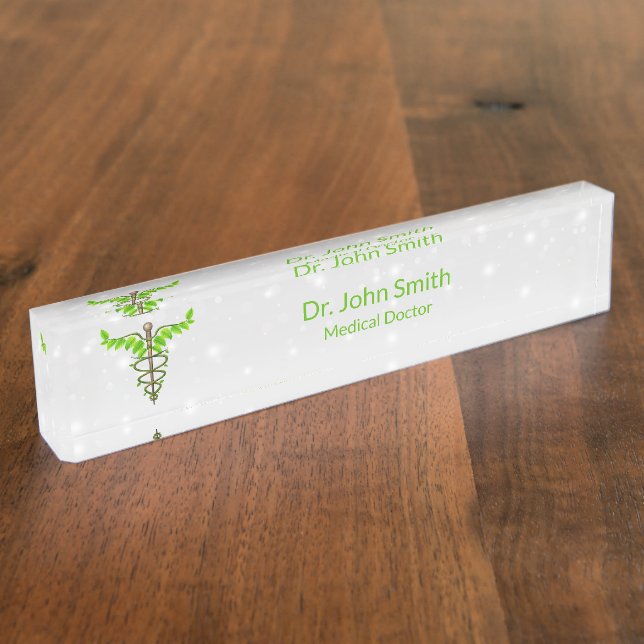 Alternative Medical Caduceus Green Leaves White Desk Name Plate (Side)