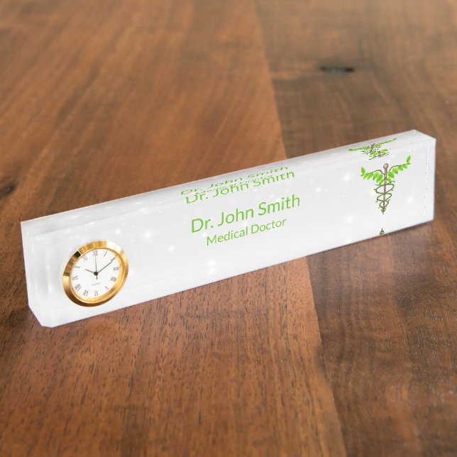 Alternative Medical Caduceus Green Leaves White Desk Name Plate (Side)