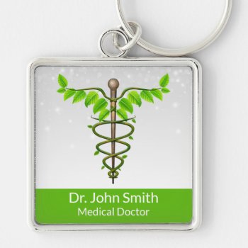 Alternative Medical Caduceus Green Leaves White Keychain by SorayaShanCollection at Zazzle