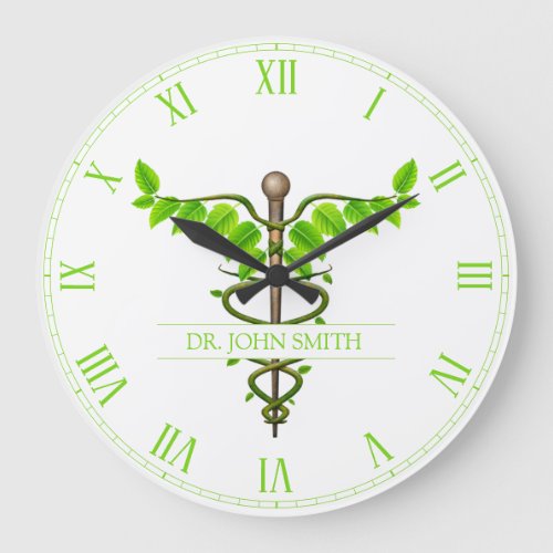 Alternative Medical Caduceus Green Leaves White Large Clock