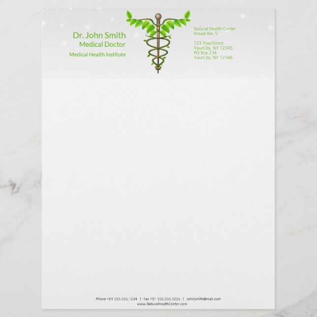 Alternative Medical Caduceus Green Leaves White Letterhead (Front)