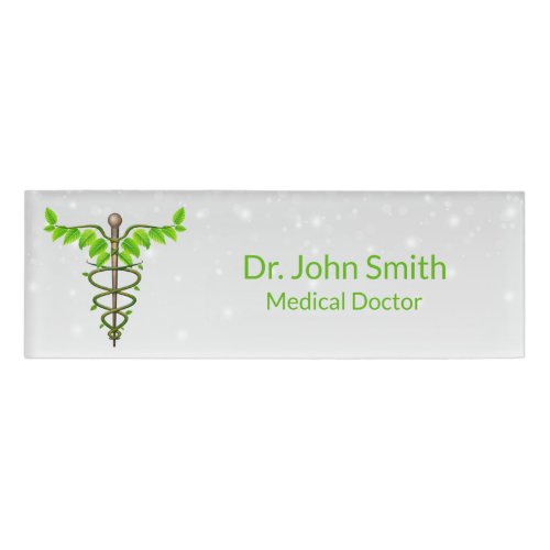 Alternative Medical Caduceus Green Leaves White Name Tag