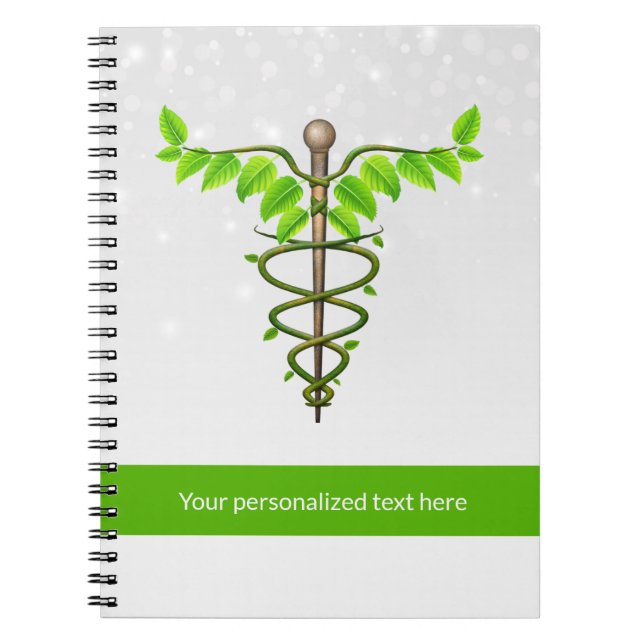 Alternative Medical Caduceus Green Leaves White Notebook (Front)