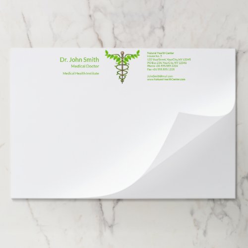 Alternative Medical Caduceus Green Leaves White Paper Pad