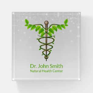 Alternative Medical Caduceus Green Leaves White Paperweight