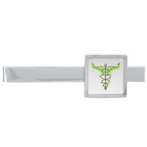 Alternative Medical Caduceus Green Leaves White Silver Finish Tie Bar