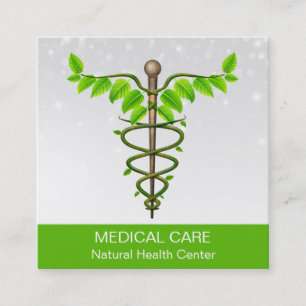 Alternative Medical Caduceus Green Leaves White Square Business Card