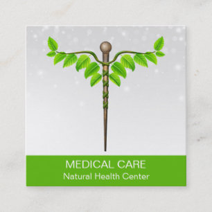 Alternative Medical Caduceus Green Leaves White Square Business Card