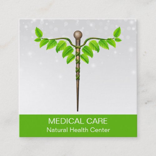 Alternative Medical Caduceus Green Leaves White Square Business Card
