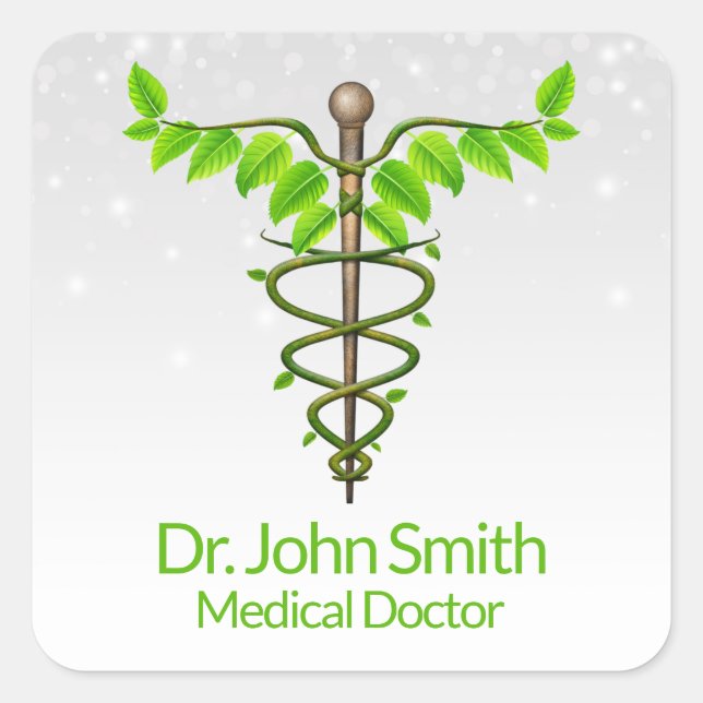Alternative Medical Caduceus Green Leaves White Square Sticker (Front)