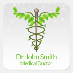 Alternative Medical Caduceus Green Leaves White Square Sticker