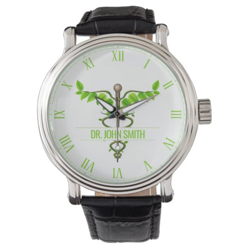 Alternative Medical Caduceus Green Leaves White Watch