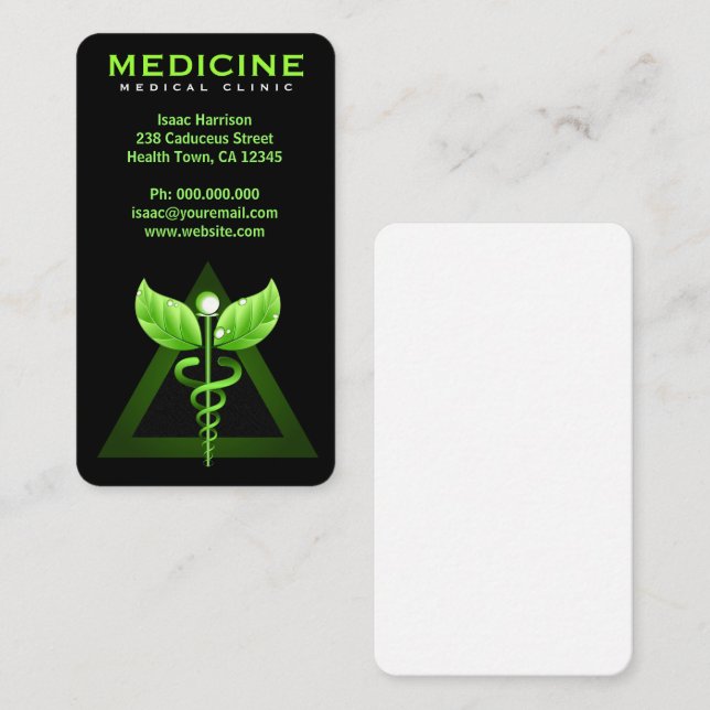 Alternative Medicine Green Caduceus Black Vertical Business Card (Front/Back)