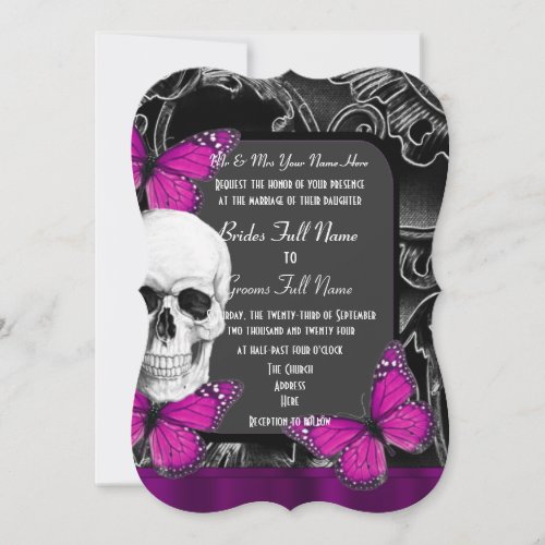 Alternative purple gothic sugar skull wedding invitation