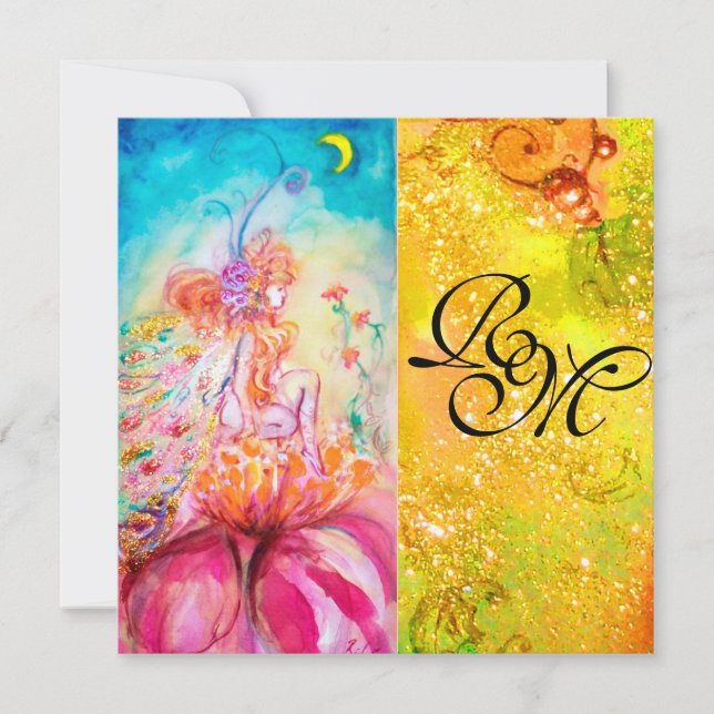 ALTHEA/Flower Fairy,Gold Yellow Sparkles Monogram Invitation (Front)
