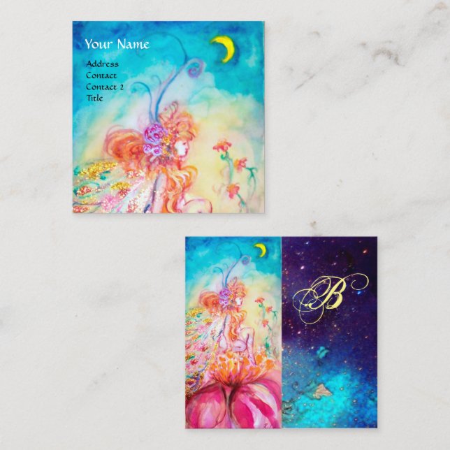 ALTHEA /Whimsical Fairy on Pink Flower Monogram Square Business Card (Front/Back)