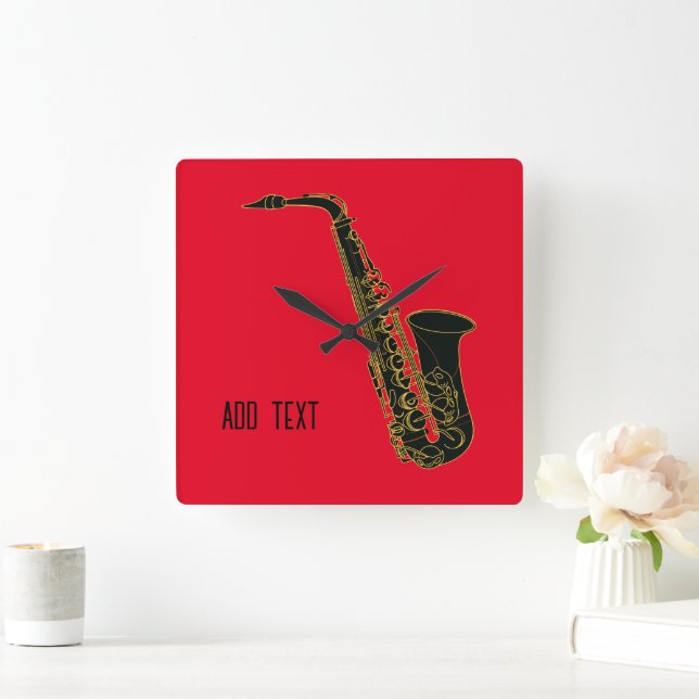 Alto Saxophone on Red Personalizable Square Wall Clock (Home)