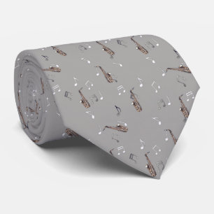 Alto Saxophone Pattern on Silver Neck Tie