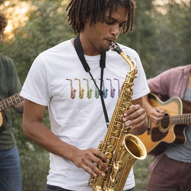 Alto Saxophone Rainbow T-Shirt (A shirt with a colorful line up of saxophones in various colors.)