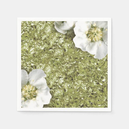 Aluminum Metallic White Floral Mint Green Creased Paper Napkins