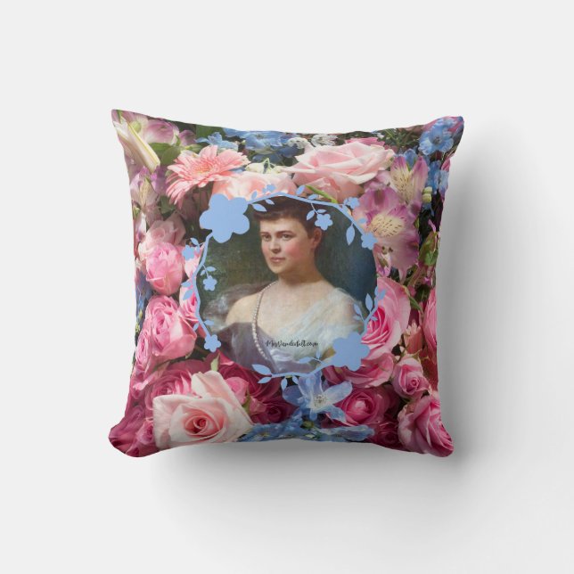 Alva Vanderbilt with Floral Background Throw Pillow (Front)