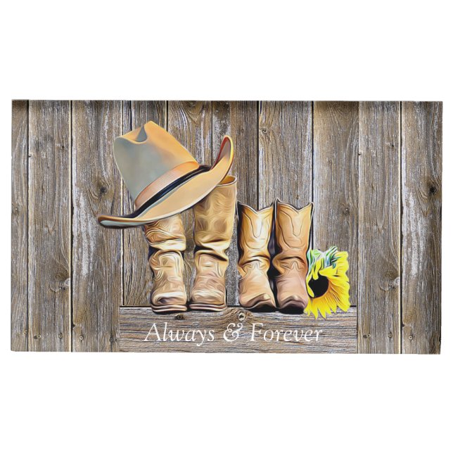 Always and Forever Rustic Cowboy Boots Sunflower Place Card Holder (Front)