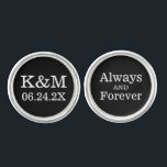 Always and Forever Wedding Black Monogram Groom Cufflinks<br><div class="desc">Personalized wedding cufflink design for the groom features a monogram of the couple's initials and wedding date with "Always and Forever" wording.  Black background and white text colors can be modified to coordinate with any wedding color scheme.</div>