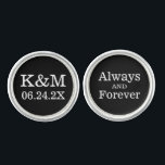 Always and Forever Wedding Black Monogram Groom Cufflinks<br><div class="desc">Personalized wedding cufflink design for the groom features a monogram of the couple's initials and wedding date with "Always and Forever" wording.  Black background and white text colors can be modified to coordinate with any wedding color scheme.</div>