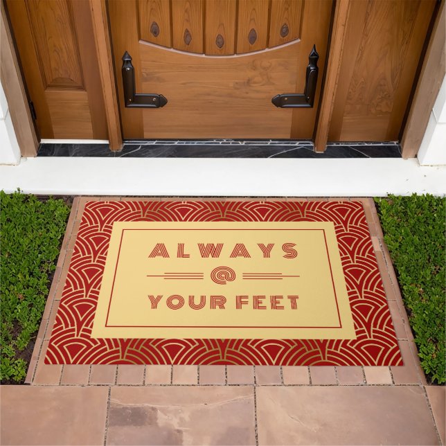 Always at Your Feet, Art-deco Pattern Red, Gold Doormat (Outdoor)