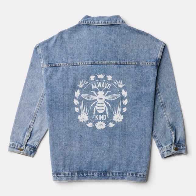 Always be kind-White Botanical Wreath with a Bee Denim Jacket (Back)