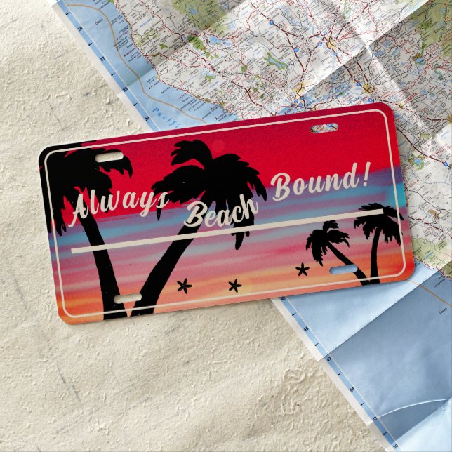 Always Beach Bound! Palm Tree Purple License Plate (In Situ)