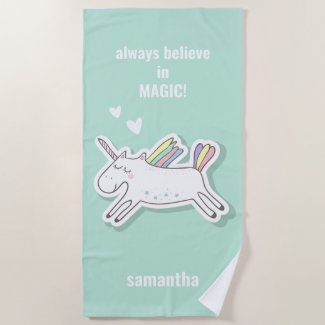 Always Believe in Magic! Cute Kids Unicorn Beach Towel