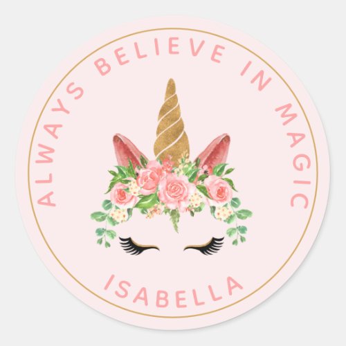 Always Believe Unicorn Face Gold Glitter Classic Round Sticker