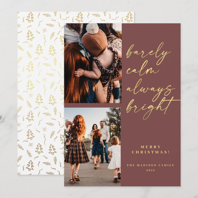 Always Bright Gold Script 2 Photo Christmas  Holiday Card (Front/Back)