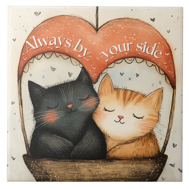 Always by Your Side Cozy Cats Balloon Ride  Ceramic Tile (Front)
