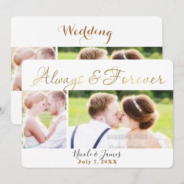 ALWAYS & FOREVER GOLD WEDDING 4 Photos Photo Invitation (Front/Back)