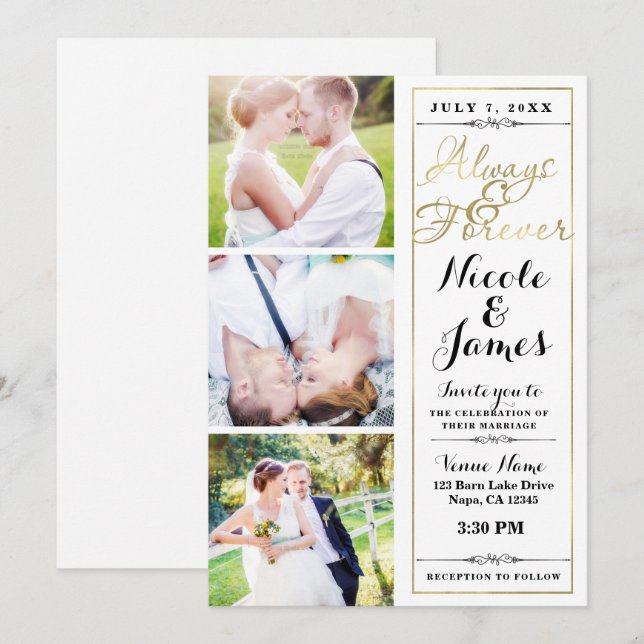 ALWAYS & FOREVER Modern 3 Photo White Gold Wedding Invitation (Front/Back)