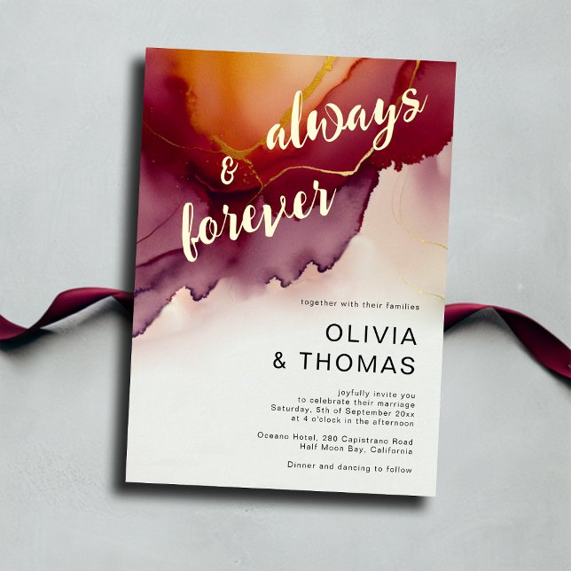 Always Forever Modern Burgundy Orange Fall Wedding Foil Invitation (always forever burgundy orange fall wedding invitation modern minimalist simple elegant bohemian)