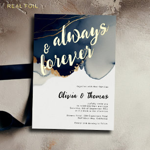 Always Forever Navy Blue Modern Boho Beach Wedding Foil Invitation